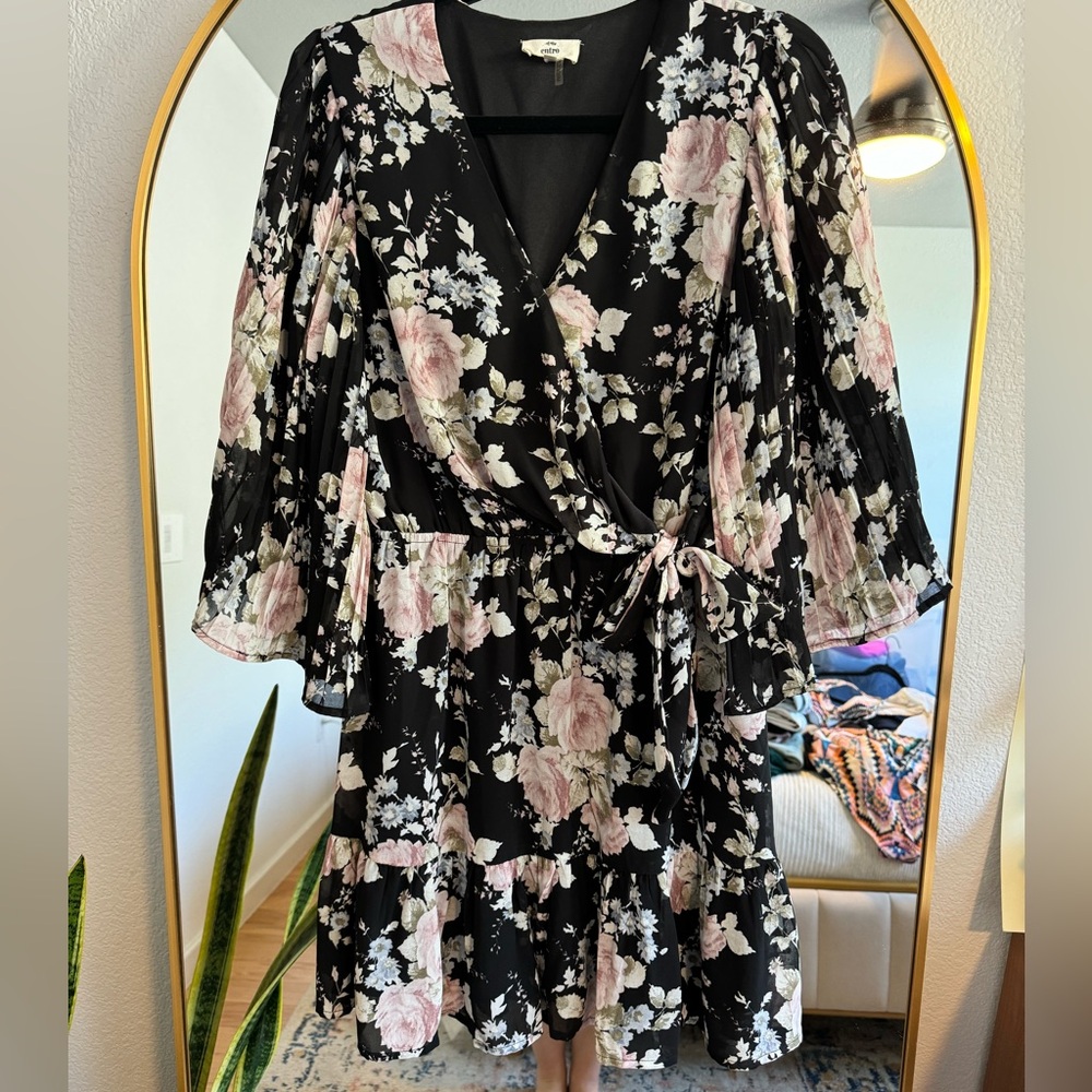 Entro, Black Long Sleeve Dress with floral details, Medium